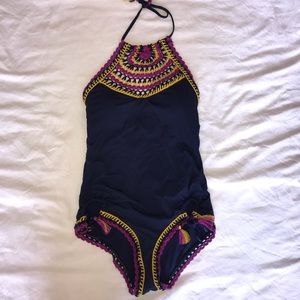 BECCA Small one piece crochet blue purple yellow swimsuit!